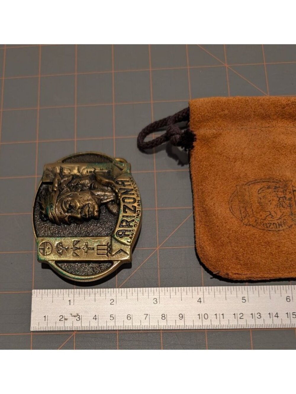 Vintage Arizona Solid Brass Belt Buckle Native American Design Suede Pouch - Picture 13 of 13